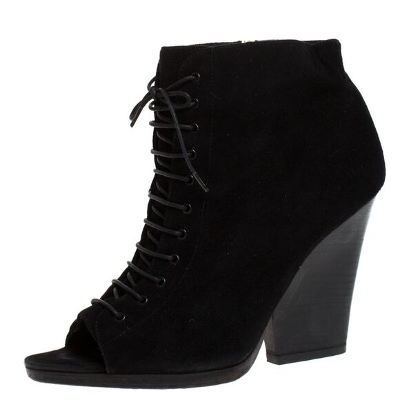 Burberry Black Suede Peep Toe Lace Up Booties Size 39 - Picture 1 of 4